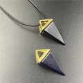 Blue sandstone geometric triangular pendant with golden frame and black cord necklace - Blue Goldstone (Synthetic)