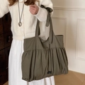 Olive green pleated tote bag featuring large capacity and stylish bow shoulder straps - Green & Brown