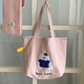 Borsa tote in tela rosa con ricamo a forma di orso e stampa Four Bear per uso quotidiano - Ricamo Orso Rosa