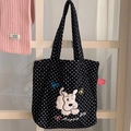 Borsa tote minimalista in tela nera a pois con ricamo a forma di cane per il lavoro quotidiano - Ricamo Cane Pois
