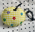 Yellow gingham apple-shaped earphone pouch with colorful floral embroidery and hook - Yellow Plaid Headphone Case With Colorful Flowers