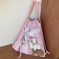 Mochila rosa con cordón y ventana transparente grande con colgantes de peluche - Rosa