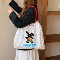White canvas tote bag with black polka dots, cartoon rabbit and red straps - White Polka Dot (Black Rabbit)