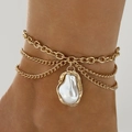 Three-layer gold chain anklet featuring a baroque pearl with textured lava metal frame - Gold Artificial Baroque Pearl Style (20014-ank-G-5)
