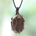 Tiger eye raw stone necklace with brown handmade woven mesh net cord pendant - Tiger's Eye
