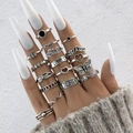 Detail of 15pcs vintage silver stackable rings featuring butterfly and moon designs - 15-Piece Butterfly Heart Bohemian Style (26421-silver)