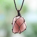 Natural pink rose quartz raw stone pendant in dark brown handmade woven rope net - Strawberry Quartz