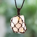 Handmade woven net necklace featuring a raw natural pink rose quartz gemstone pendant - Rose Quartz