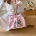 Pink checkered canvas tote bag with cartoon animal design and drawstring closure - Light Pink (Three Friends)