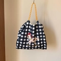 Checkered canvas tote bag with cartoon puppy print and yellow braided rope handles - Black and White Grid (Dalmatian)