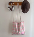 Pink and green plaid canvas tote bag with 'Je t'aime' label and long shoulder straps - Pink Green Plaid Crossbody Bag