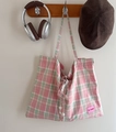 Sac fourre-tout à carreaux rose et vert avec cordon perlé et écusson Je t'aime - Sac à Épaule à Carreaux Rose Vert