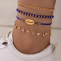 Set de cuatro tobilleras boho con cuentas azules, concha dorada y detalles de cristal - Estilo cadena tank y concha azul y oro de 4 piezas (17495-blue)