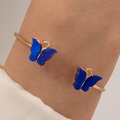 Bracelet jonc doré ajustable orné de papillons bleus avec effet marbré élégant - Bracelet Jonc Papillon Bleu (23019-blue)