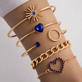 6-piece gold-tone bracelet set featuring deep blue heart rhinestones and sun charms - Gold Blue Sun Flower Heart Rhinestone 6pcs Set(23581-blue)