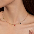 French vintage gold necklace featuring vibrant colorful round stones worn by a model - Multicolor Round Gemstone Style (23120-colour)