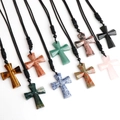 Set of 9 natural stone cross necklaces with adjustable braided cords in various crystals - Random Style