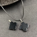 Minimalistische zwarte obsidiaan klavertje vier hanger met zwarte leren koordketting - Obsidiaan
