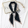 Retro silk twilly scarf with blue floral print and lettering on a satin texture - Letter Style Black