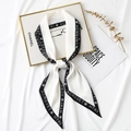 Elegant ivory satin skinny scarf with black trim and vintage letters for women - Letter - White