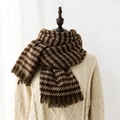 Thick plaid cashmere-like scarf in dark brown and olive green with tassel edges - Green