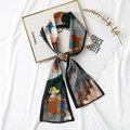 Artistic silk skinny scarf with cartoon patterns displayed on a white textured background - Narrow Long Style / Black