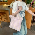 Chic lavender and yellow checkered canvas tote bag with ruffled edges for daily commute - Purple Plaid Ruffle Shoulder Bag