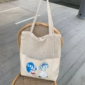 Borsa tote patchwork in rete con stampa a cartoni animati e manici in tela da donna - Coniglio da Surf Quadrato Patchwork Rete