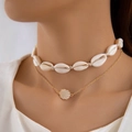 Bohemian double-layer necklace featuring natural cowrie shell choker and gold shell pendant - Gold Double Shell Fan Style (24629-gold)