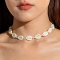 Bohemian style choker featuring natural white cowrie shells and woven beige cord - Beige Shell Woven Choker (29951-1-white)