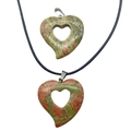 Unakite heart-shaped hollow pendant with metallic clasp and black woven cord - Unakite