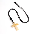 Cross pendant necklace made of yellow natural agate stone with black woven cord - Topaz