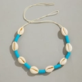 Handmade shell necklace with blue Heishi beads and natural cowrie shells in beach style - Blue Polymer Clay Disc Shell Style (26605-A)