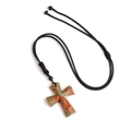 Cross necklace made of natural red and green spotted stone with black woven cord - Unakite