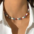 Bohemian beach necklace with colorful beads, starfish pendant, and white natural seashells - Multicolor Beaded Starfish Shell Style (26362-colour)