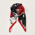 Faux silk square scarf featuring artistic red, black, and beige floral patterns with red borders - 90x90cm / Red