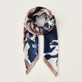 Navy and pink floral silk-feel scarf with elegant leaf print and smooth satin texture - 90x90cm / Dark Blue