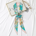 Blue silk neck scarf with pink borders, floral chain print, and elegant twilly design - 150cmx6cm / Blue