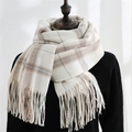 Classic plaid imitation cashmere scarf in cream white with fringe for autumn and winter - White