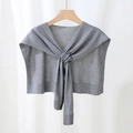 Minimalist light gray knitted shawl wrap with elegant front tie detail and ribbed edges - Gray