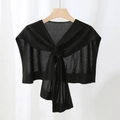 Classic black knitted shawl wrap with elegant front knot detail for women - Black