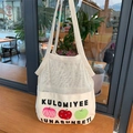 Creamy white canvas and mesh tote bag with cartoon apple prints and black typography - Round Apple Pattern Patchwork Mesh
