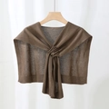 Deep brown knitted shawl with fine mesh texture and ribbed edges for summer - Dark Coffee
