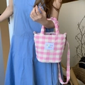 Borsa tote in tela a quadretti rosa e bianca con tracolla regolabile da donna - Rosa a Quadri