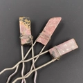 Three-piece hairpin set with wrapped pink natural stones and wavy silver metal sticks - Rhodonite
