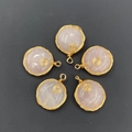 Set of five pink semi-precious stone round pendants with golden wire wrap spiral - Rose Quartz