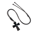 Polished black gemstone cross pendant with adjustable black braided cord necklace - Obsidian