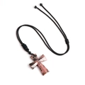Pink rhodonite natural stone cross pendant with adjustable black braided cord necklace - Rhodonite