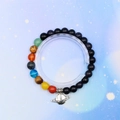 Solar system bracelet with diverse natural stone beads and silver Saturn charm on stars background - Nine Planets Style (1 Piece)