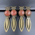 Vintage bronze owl bookmarks set with round red gemstone and ornate leaf design - Watermelon Red (Antique Bronze/Synthetic)